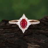 Vintage Oval Cut Ruby Engagement Ring Cluster Pave Bridal Ring